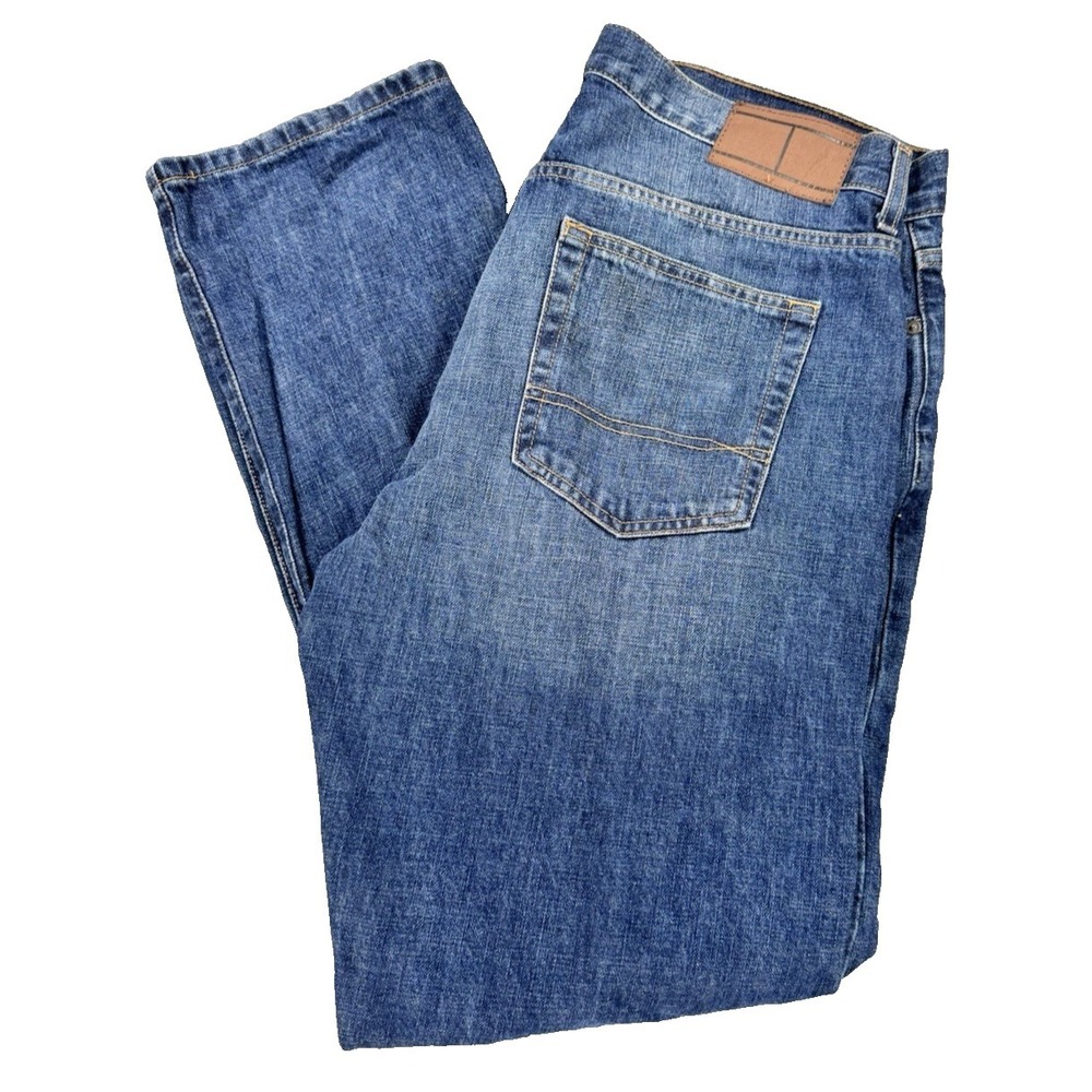 Tommy Hilfiger Mens 34x32 Straight Leg Blue Denim Jeans Med Wash w/Leather Patch